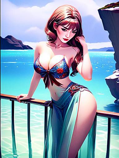 Anime-Inspired Woman in Floral Bikini by Seaside Cliff Digital Art