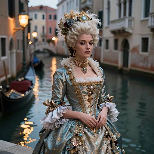 Woman in Rococo Costume by Venetian Canal in Evening Light