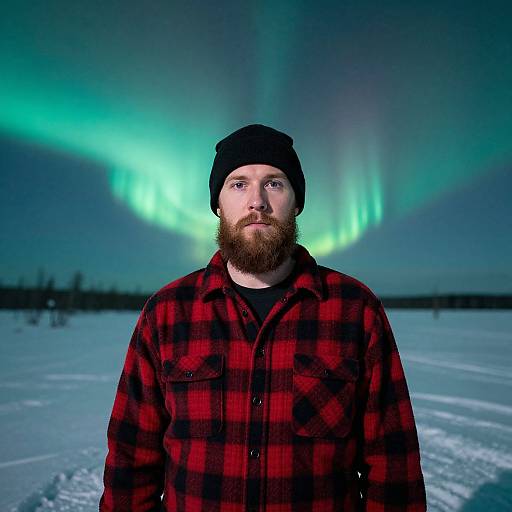 Man in Red Lumberjack Jacket Under Northern Lights in Snowy Outdoors