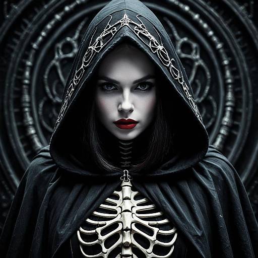 Gothic Woman in Hooded Cloak with Skeleton Design Realistic Fantasy Portrait