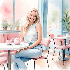 Smiling woman in pastel cafe