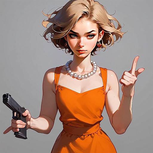 Confident Anime Woman in Orange Dress Holding Gun Digital Art