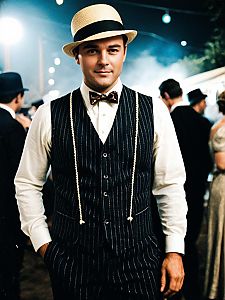 Man in Gatsby Party Costume with Pinstriped Suit and Straw Boater Hat