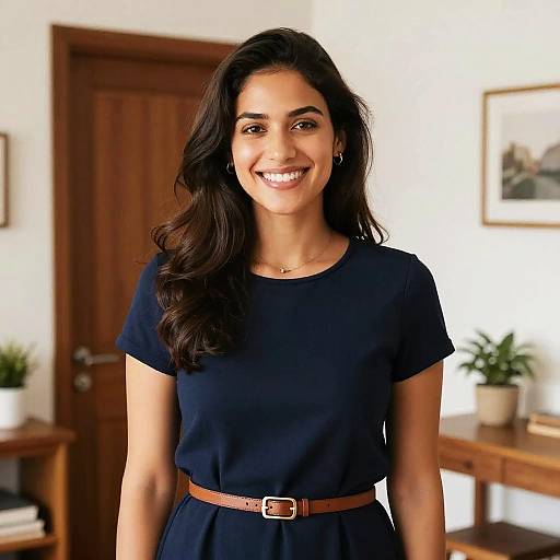 Smiling Young Woman in Navy Blue Dress with Brown Belt Standing Indoors