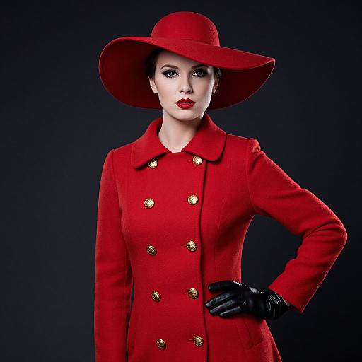 Woman in Red Coat and Wide-Brimmed Hat Fashion Portrait