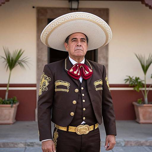 Traditional Mexican Charro Man in Embroidered Suit and Sombrero