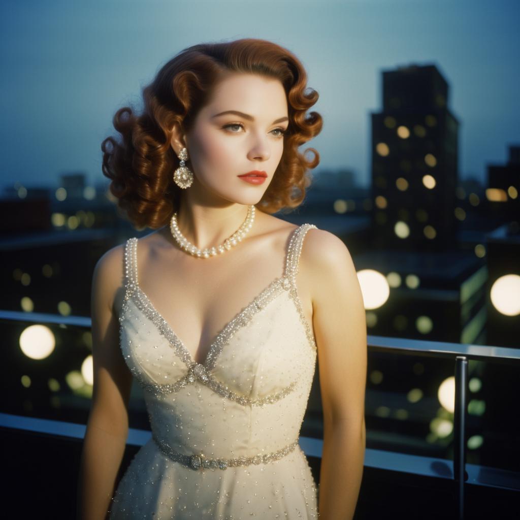 Elegant woman with vintage curls in a white gown overlooking a cityscape at twilight