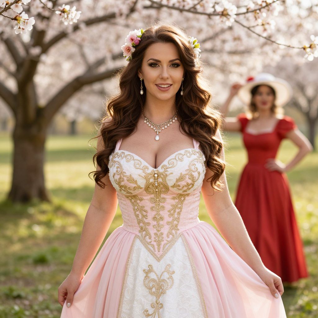 Elegant Woman in Vintage Embroidered Dress in Blossoming Orchard