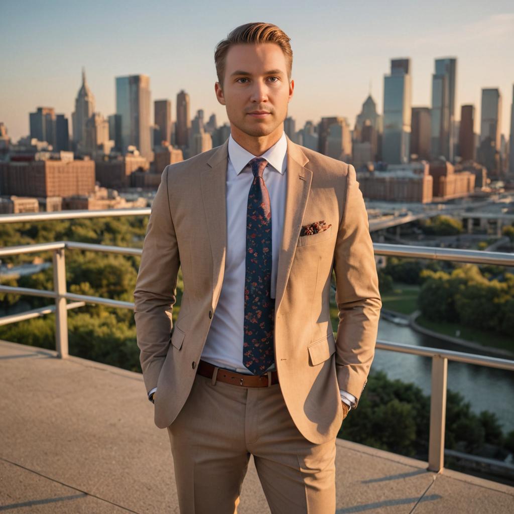 Confident Man in Modern Suit Against City Skyline