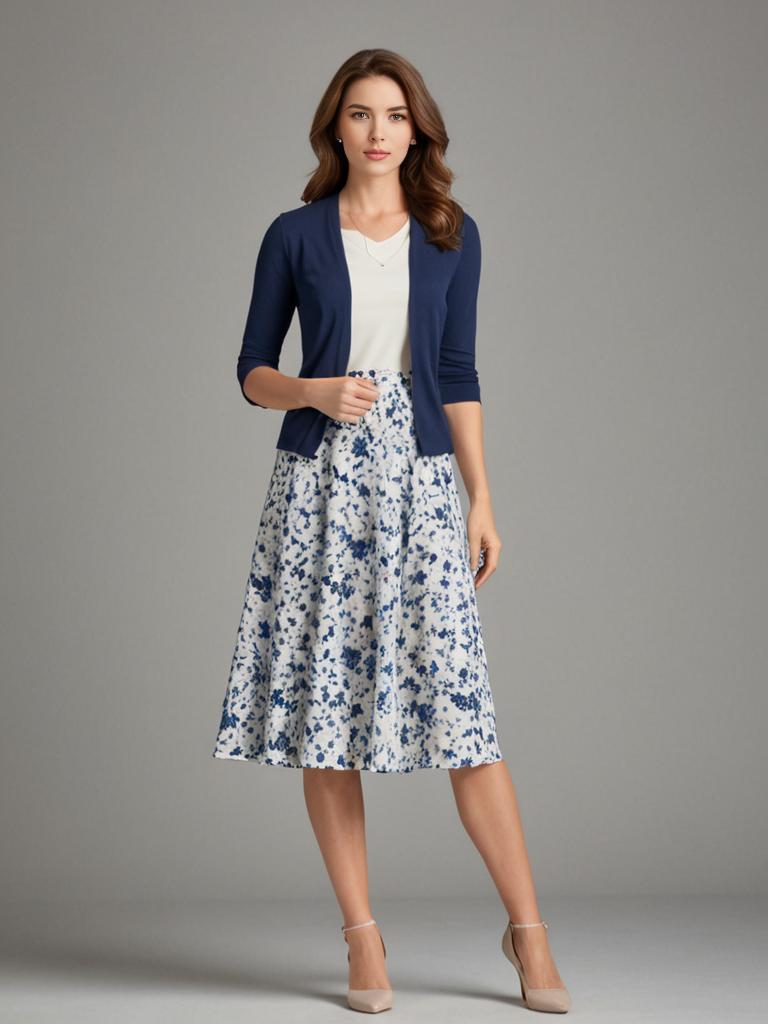 Stylish Woman in Floral Skirt and Navy Cardigan