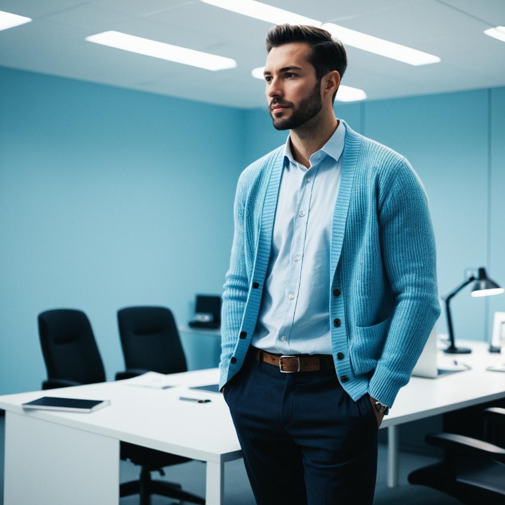 Confident Man in Blue Cardigan Standing in Modern Office