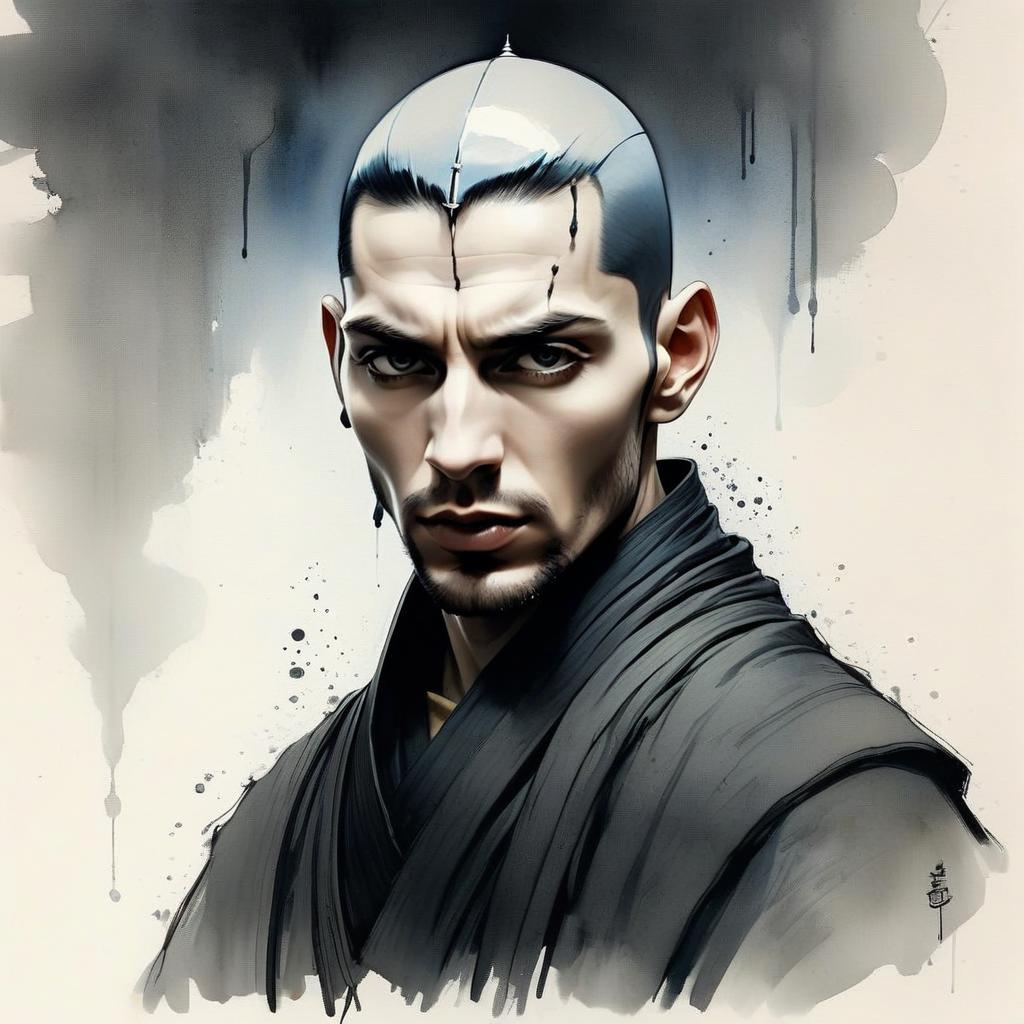 Intense Digital Portrait of Man with Shaved Head in Stylized Semi-Realistic Art