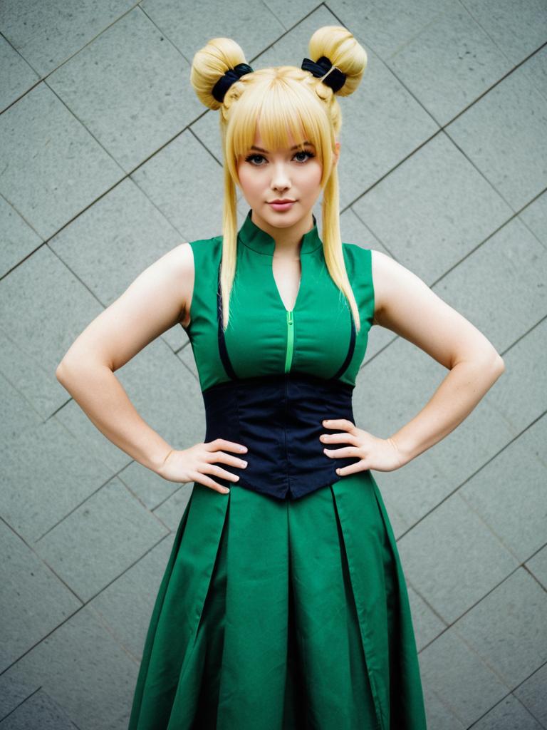 Blonde Woman in Green Dress with Corset and Double Buns Hairstyle