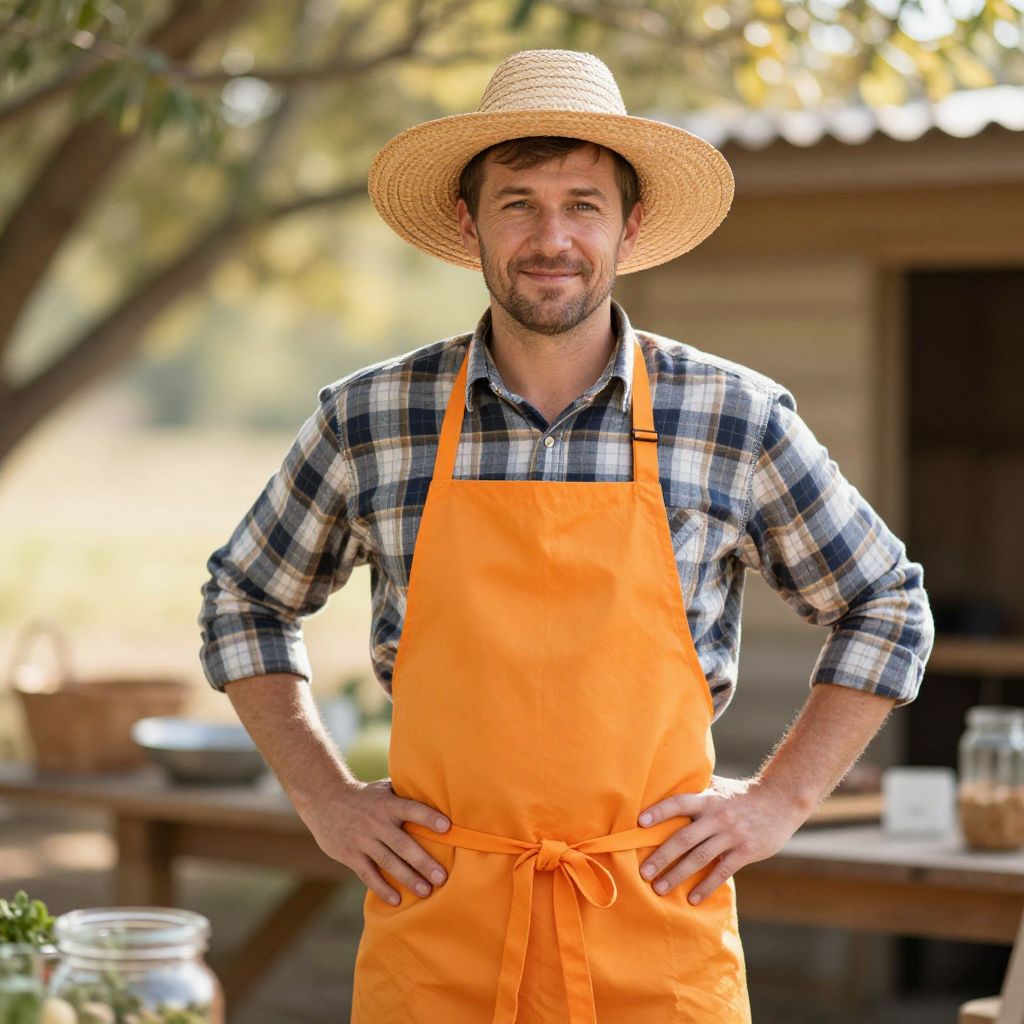 Man in Straw Hat and Orange Apron in Outdoor Garden Setting