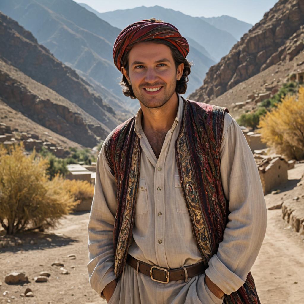 Smiling Man with Headscarf in Mountainous Landscape