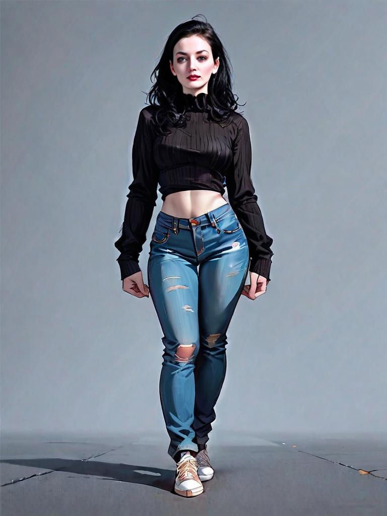 Realistic Comic Style Woman in Casual Outfit with Ripped Jeans and Sneakers