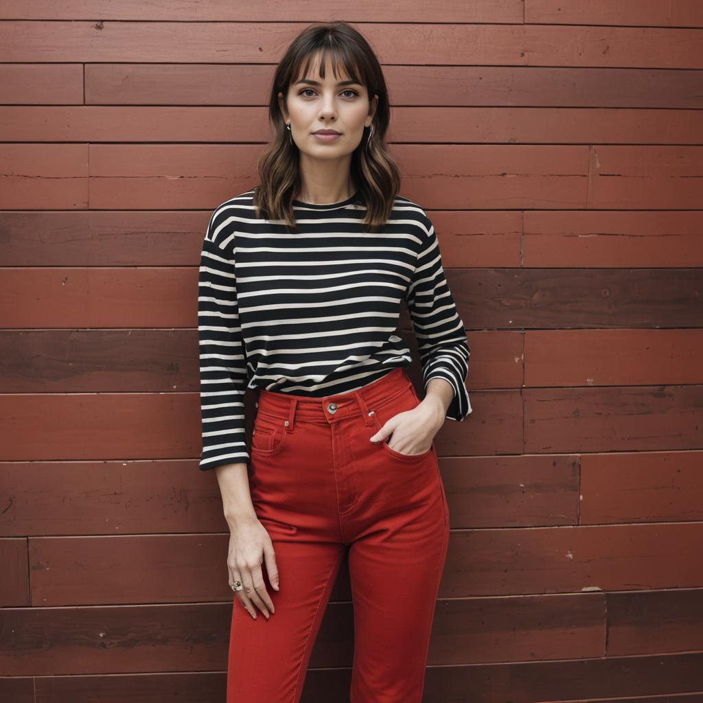 Stylish Woman in Striped Shirt and Red Pants