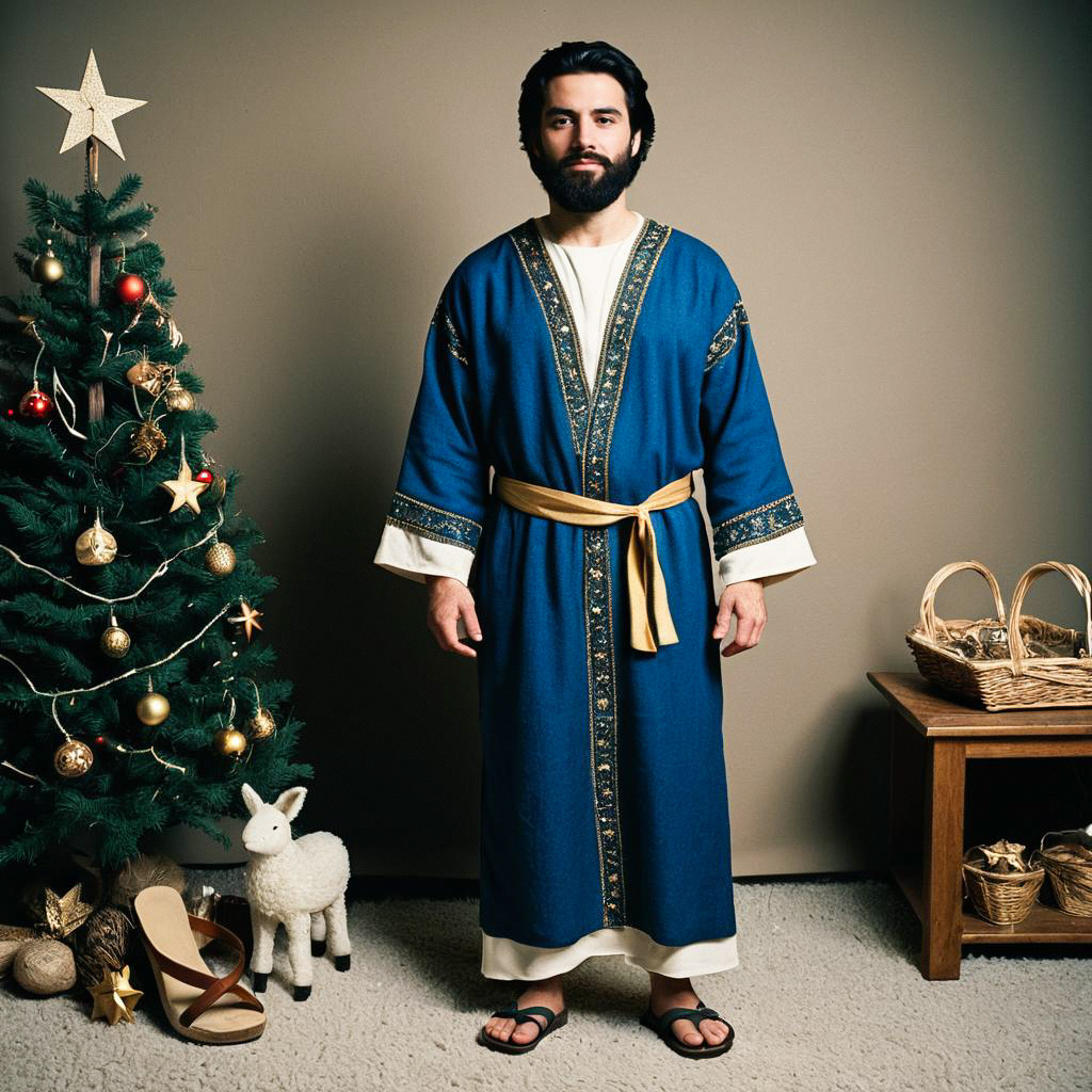 Man in Nativity Costume by Christmas Tree