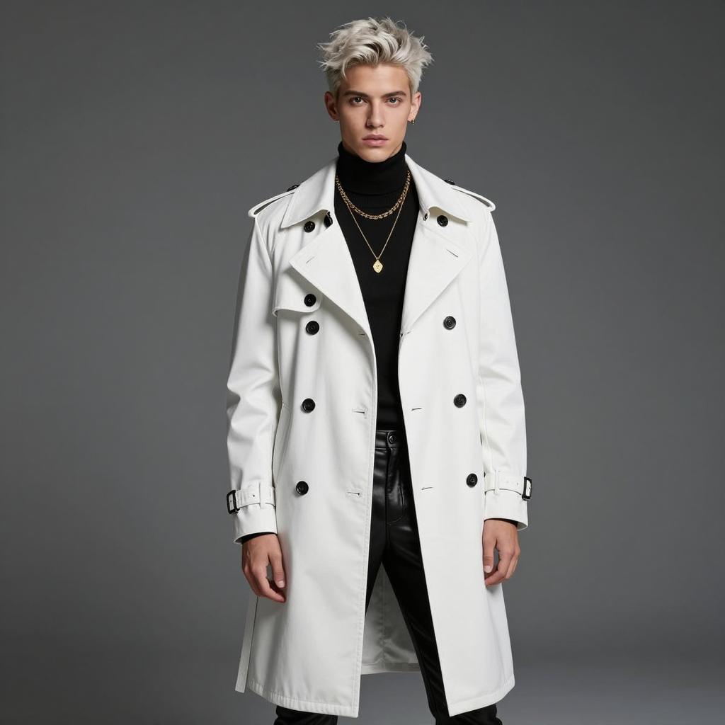 Fashionable Young Man in White Trench Coat and Black Turtleneck