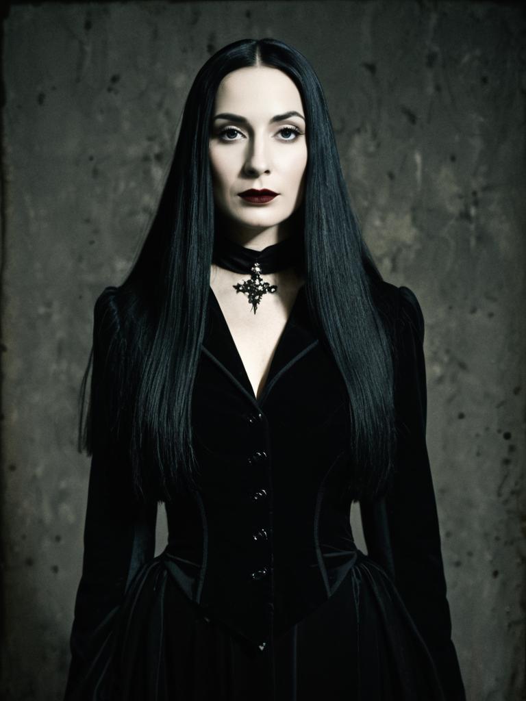Woman in Morticia Addams Costume Cinematic Sharp Portrait Woman in Morticia Addams Costume Cinematic Sharp Portrait