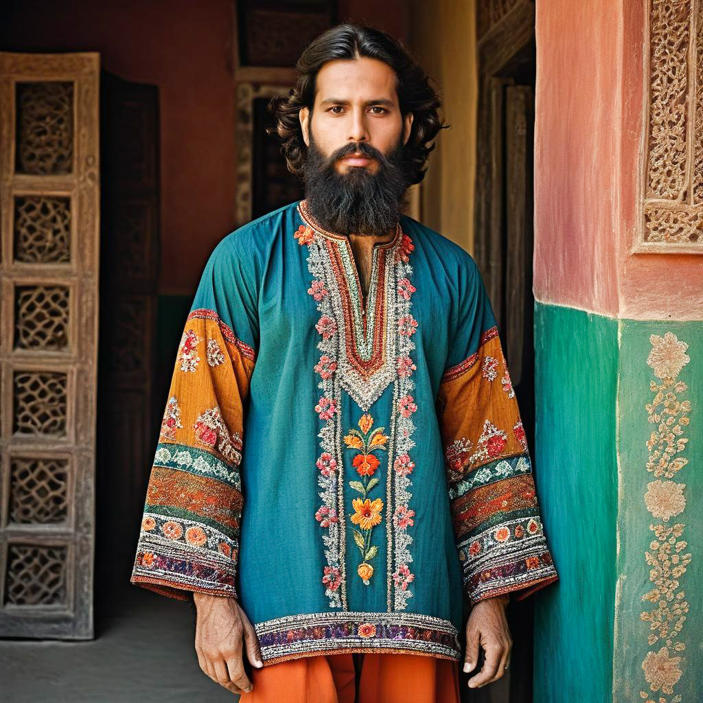 Man in Embroidered Tunic with Intricate Architecture
