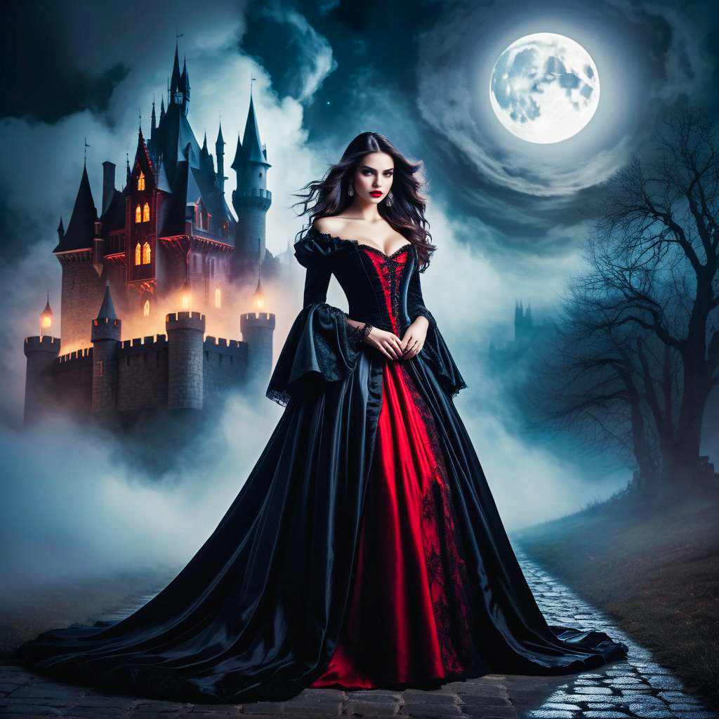 Elegant Woman in Gothic Castle at Full Moon