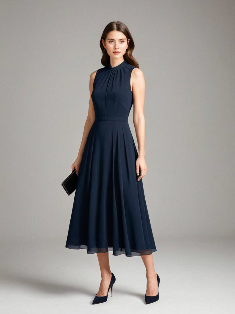 Elegant Woman in Navy Blue Dress