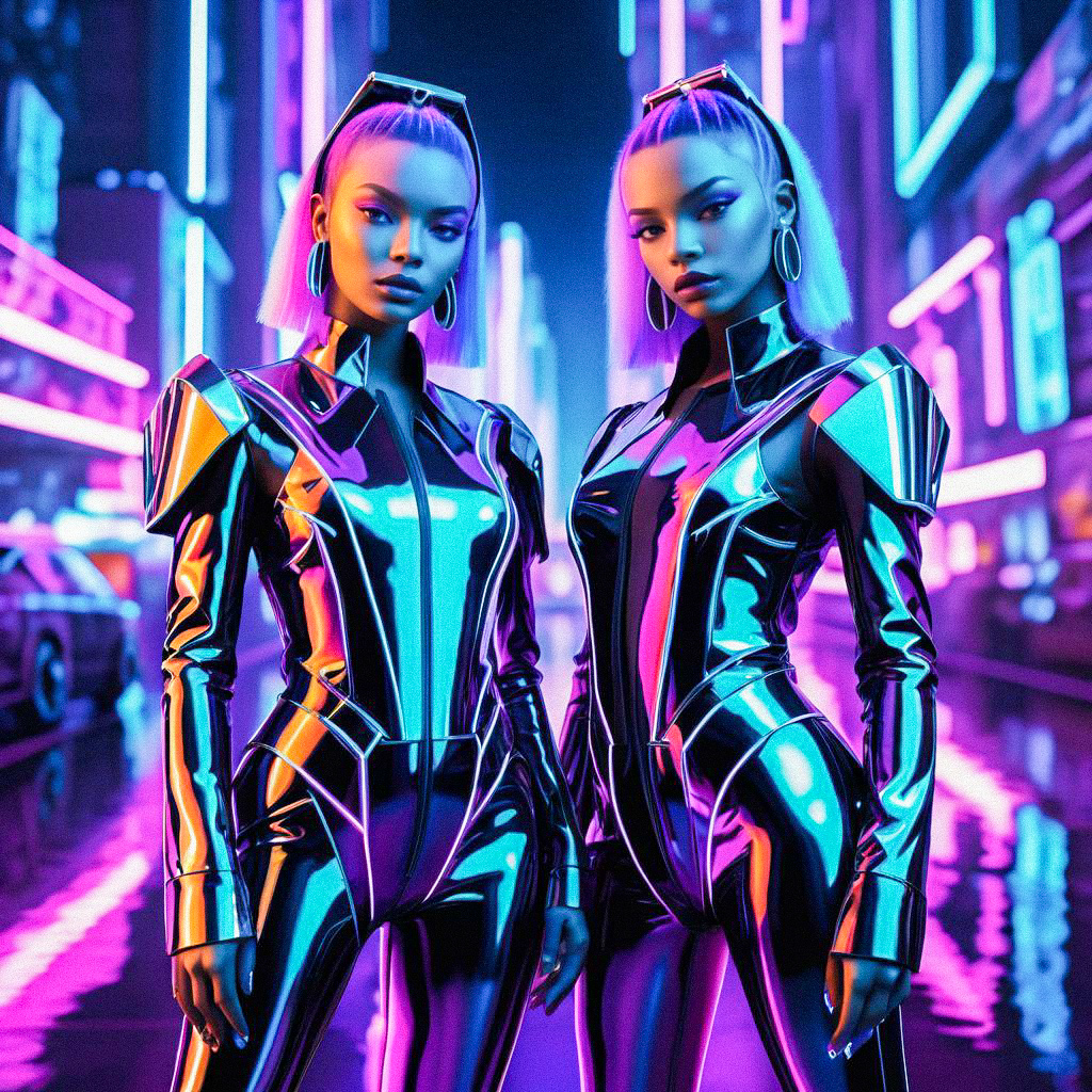 Futuristic Women in Cyberpunk Cityscape