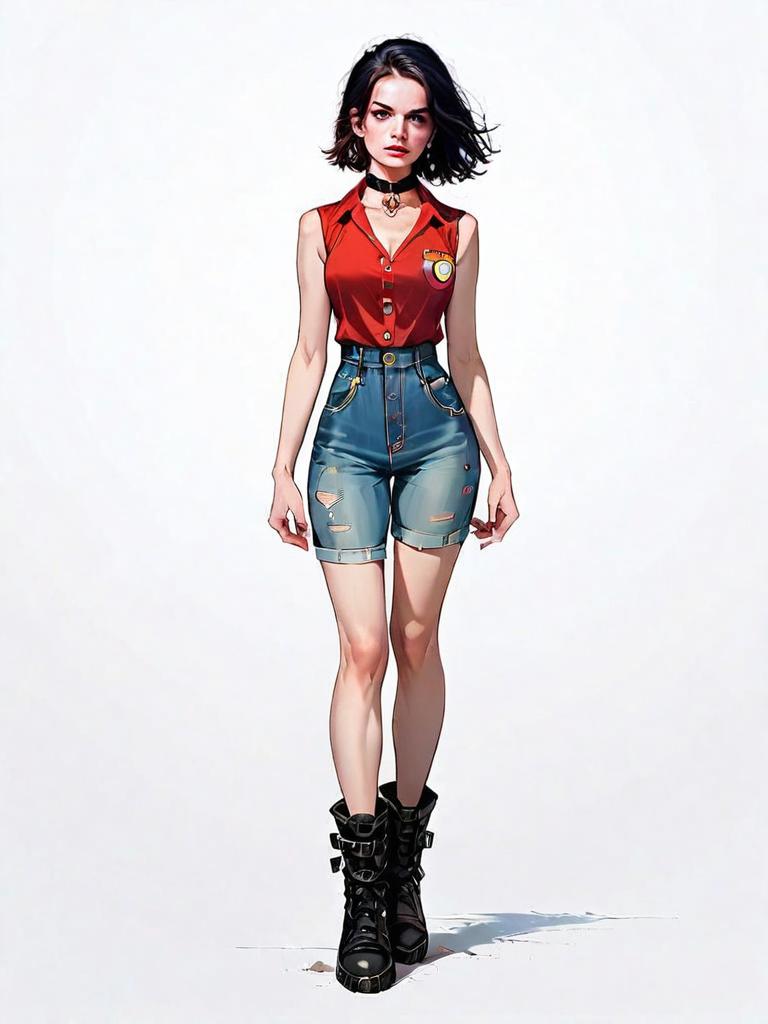Realistic Comic Style Illustration of Woman in Casual Red Shirt and Denim Shorts