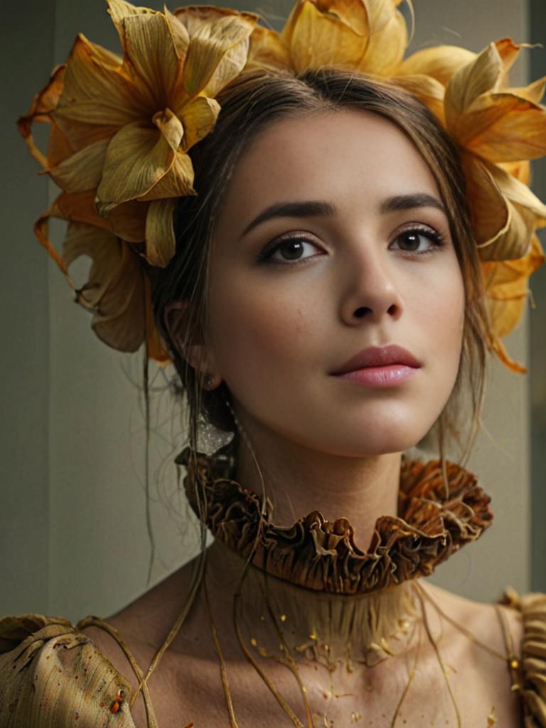 Woman in Vibrant Flower Headpiece and Ruffled Collar