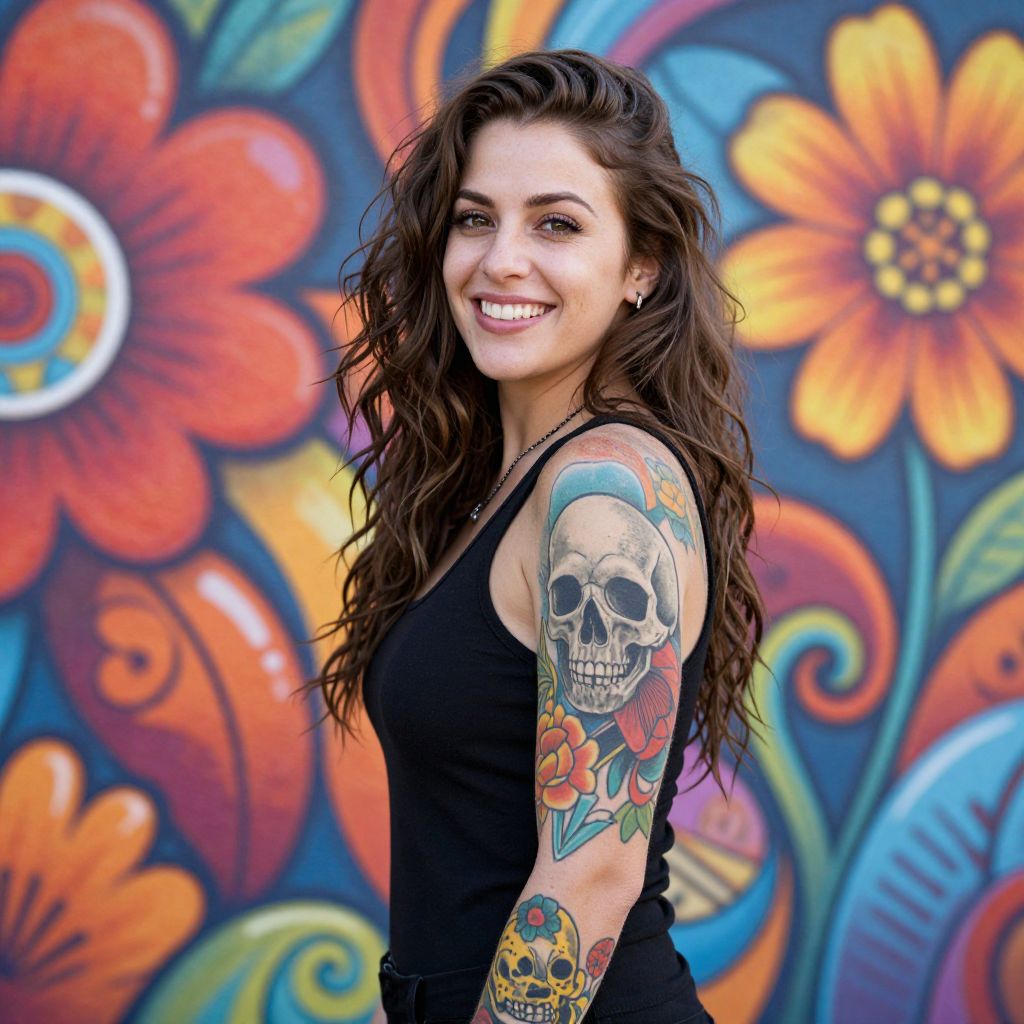 Young Woman with Skull and Floral Tattoos Posing Against Colorful Flower Mural