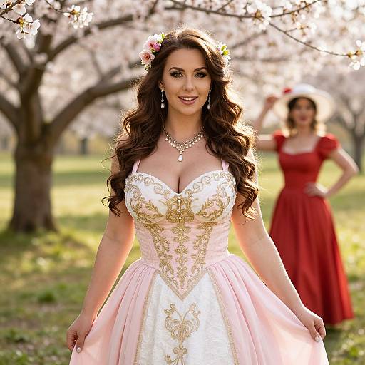Elegant Woman in Vintage Embroidered Dress in Blossoming Orchard