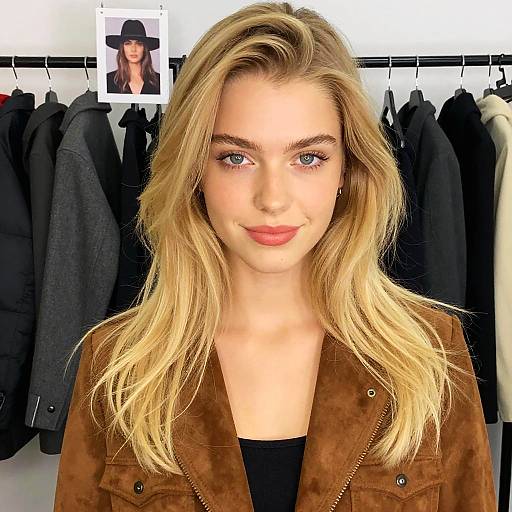 Blonde Woman Wearing Brown Suede Jacket in Casual Fashion Setting