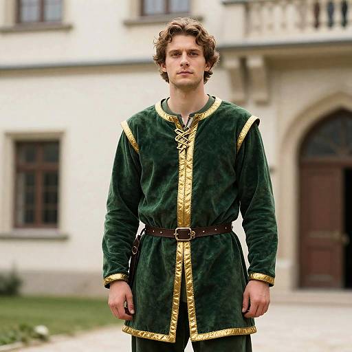Man in Green and Gold Medieval Outfit Standing Outdoors