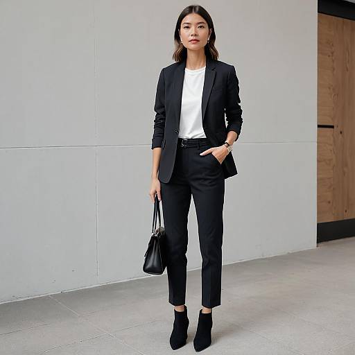 Confident Woman in Black Business Suit Holding Handbag
