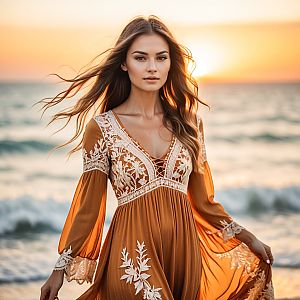 Woman in Bohemian Dress at Sunset by Ocean