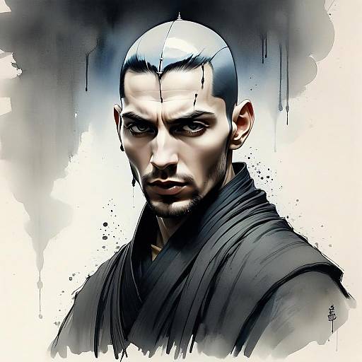 Intense Digital Portrait of Man with Shaved Head in Stylized Semi-Realistic Art