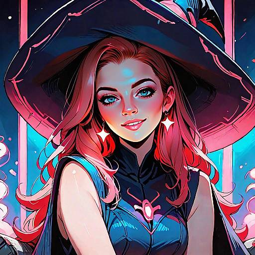 Digital Illustration of Confident Witch Woman with Neon Fantasy Style