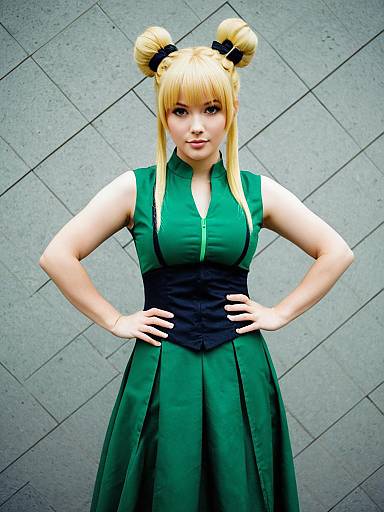 Blonde Woman in Green Dress with Corset and Double Buns Hairstyle