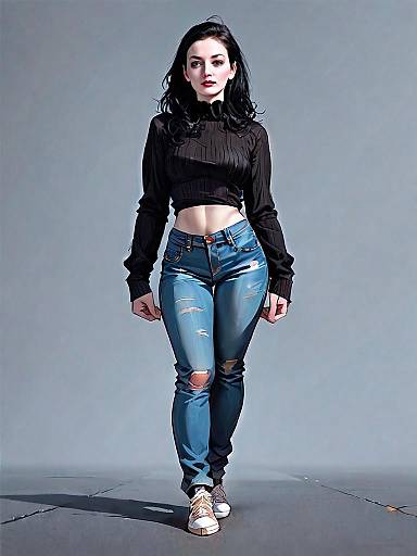 Realistic Comic Style Woman in Casual Outfit with Ripped Jeans and Sneakers