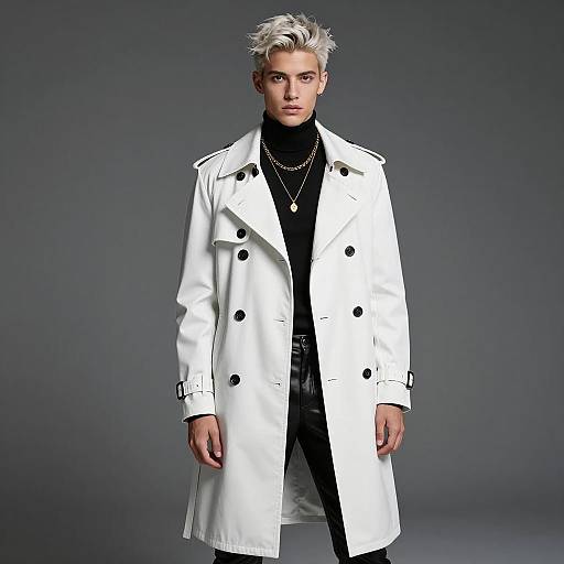 Fashionable Young Man in White Trench Coat and Black Turtleneck