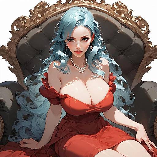 Elegant Woman with Blue Hair in Red Dress Digital Art Illustration