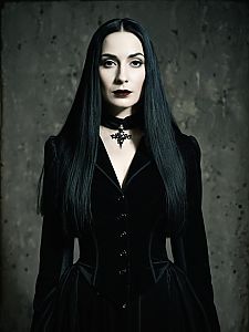 Woman in Morticia Addams Costume Cinematic Sharp Portrait