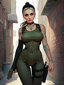 Confident Woman in Tactical Jumpsuit in Urban Alley