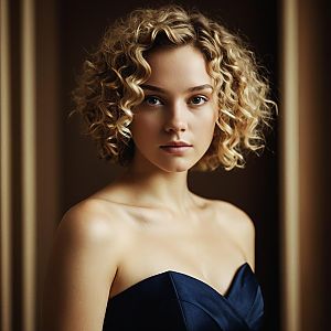 Portrait of Young Woman with Blonde Curly Hair in Dark Blue Dress