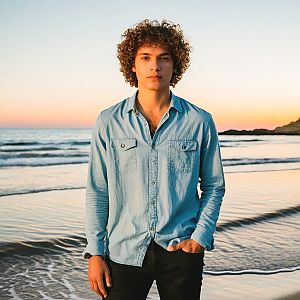 Young Man on Beach at Sunset