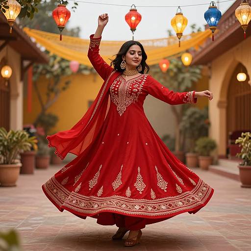 Woman in Traditional Red Anarkali Dress with Gold Embroidery Twirling in Courtyard