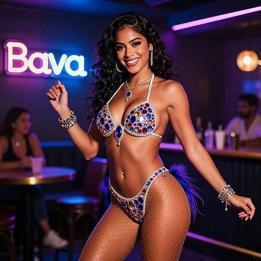 Woman in Jewel-Embellished Bikini at Neon-Lit Nightclub