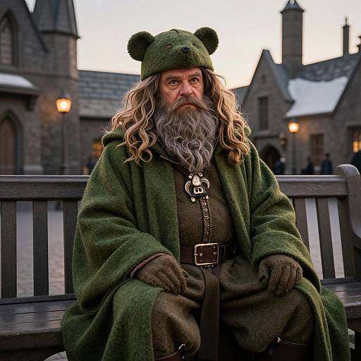 Man in Green Bear Cloak Sitting on Bench in Medieval Village