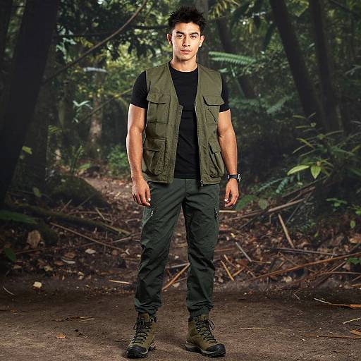 Young Man in Tactical Outdoor Clothing Standing in Forest